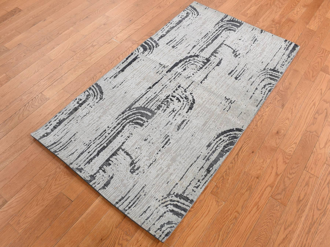 3'0" x 5'6" New Hand Knotted Grey Wool & Pure Silk Rectangle Oriental Rug - MOA10287609