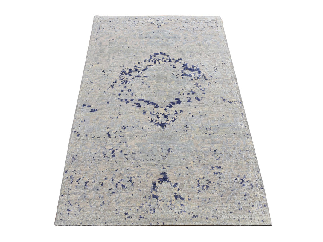 3'0" x 4'10" New Hand Knotted Blue Wool & Silk Rectangle Oriental Rug - MOA10287610