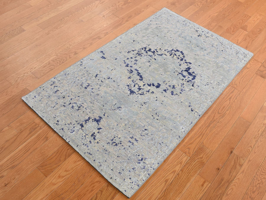3'0" x 4'10" New Hand Knotted Blue Wool & Silk Rectangle Oriental Rug - MOA10287610