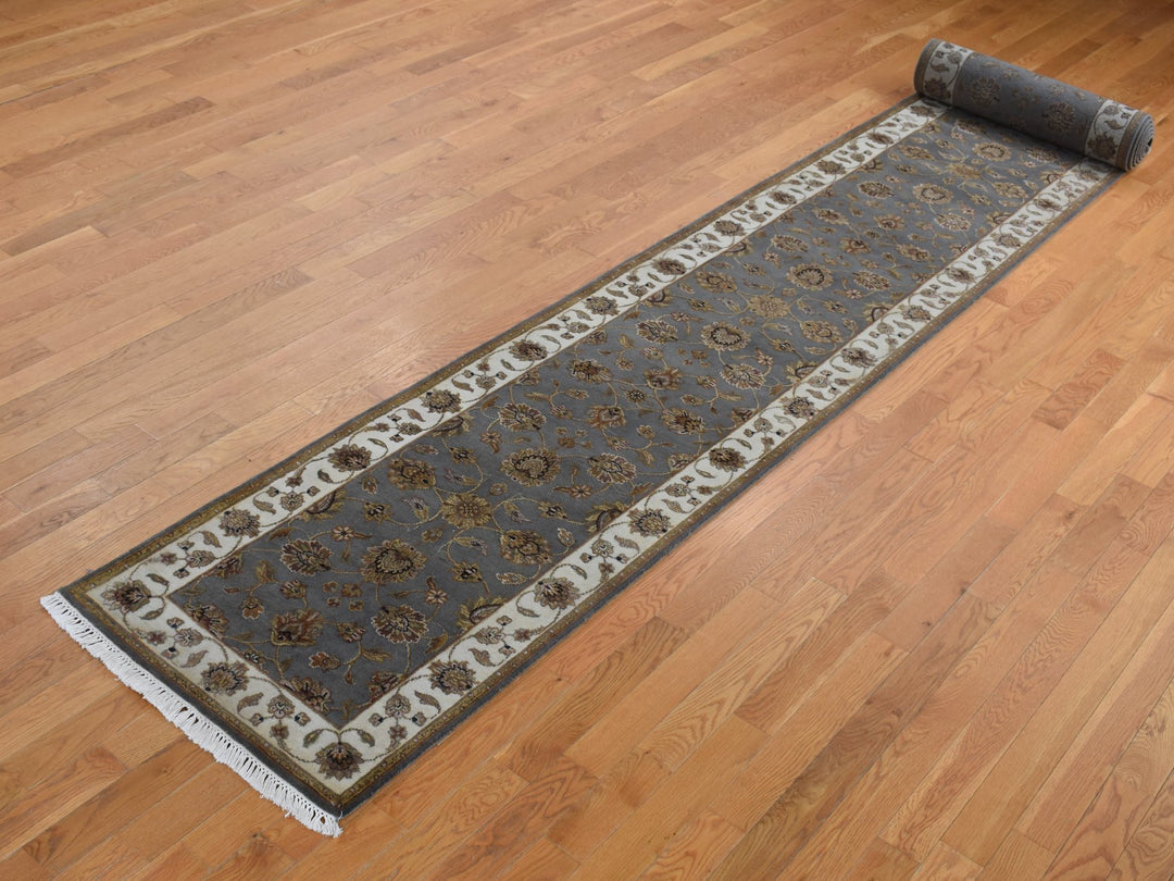 2'6" x 20'0" New Hand Knotted Grey Wool & Silk Runner Oriental Rug - MOA10287619