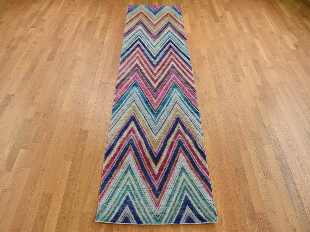 3'0" x 12'3" New Hand Knotted Pink Wool & Sari Silk Runner Oriental Rug - MOA10287621