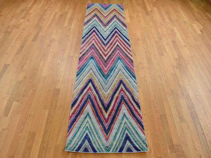 3'0" x 12'3" New Hand Knotted Pink Wool & Sari Silk Runner Oriental Rug - MOA10287621