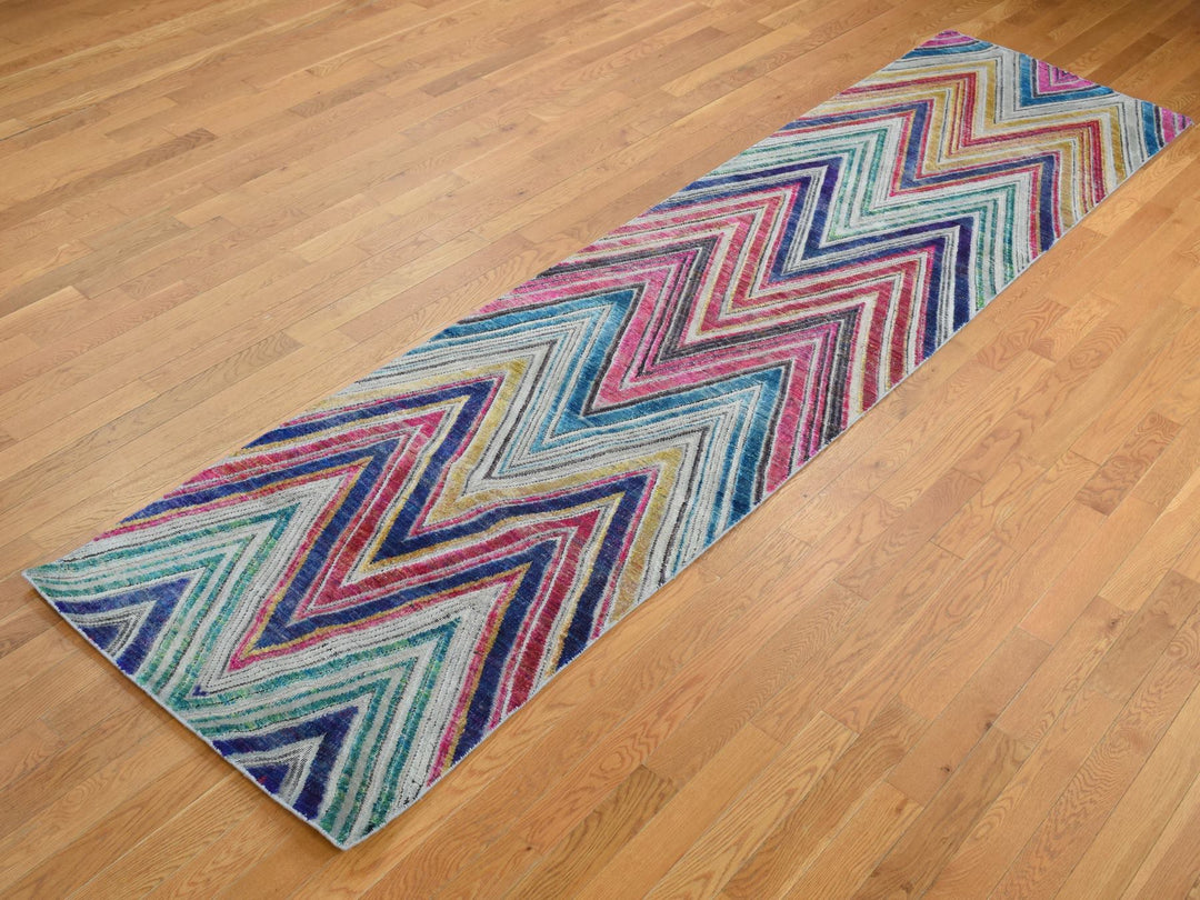3'0" x 12'3" New Hand Knotted Pink Wool & Sari Silk Runner Oriental Rug - MOA10287621