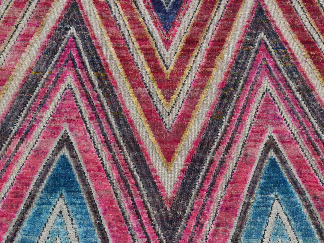 3'0" x 12'3" New Hand Knotted Pink Wool & Sari Silk Runner Oriental Rug - MOA10287621