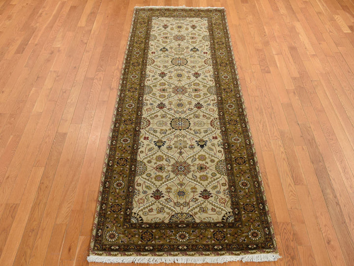3'6" x 10'3" New Hand Knotted Brown Wool & Silk Runner Oriental Rug - MOA10287624