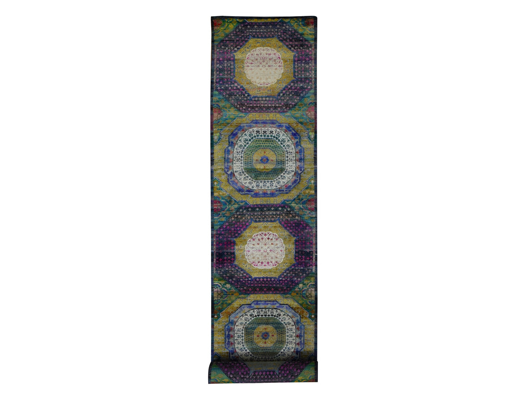 3'1" x 19'3" New Hand Knotted Yellow Wool & Sari Silk Runner Oriental Rug - MOA10287625