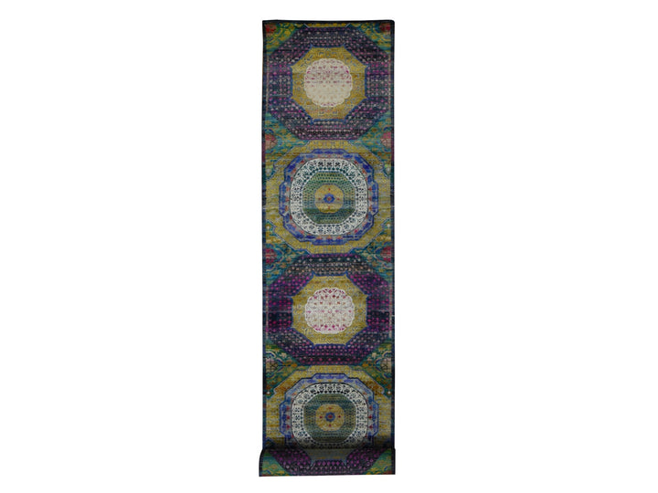 3'1" x 19'3" New Hand Knotted Yellow Wool & Sari Silk Runner Oriental Rug - MOA10287625