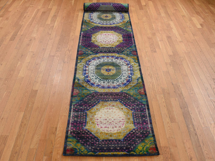 3'1" x 19'3" New Hand Knotted Yellow Wool & Sari Silk Runner Oriental Rug - MOA10287625