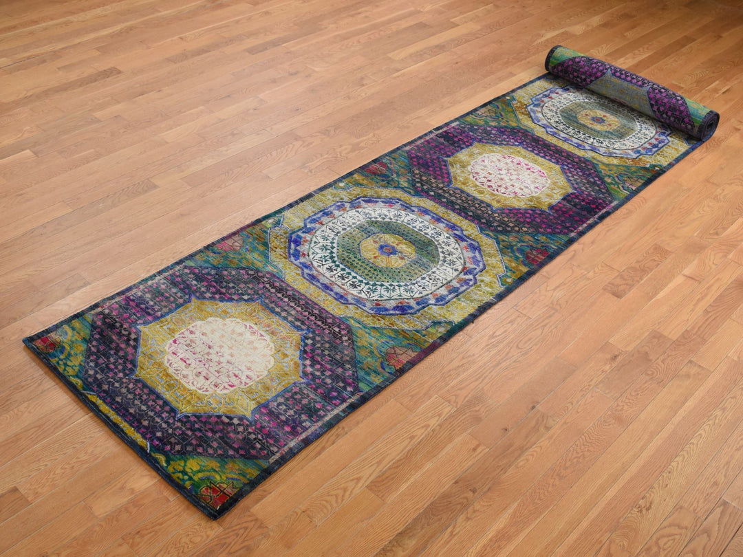 3'1" x 19'3" New Hand Knotted Yellow Wool & Sari Silk Runner Oriental Rug - MOA10287625
