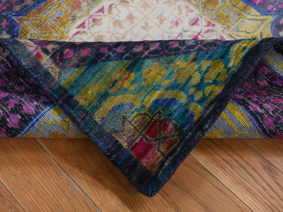 3'1" x 19'3" New Hand Knotted Yellow Wool & Sari Silk Runner Oriental Rug - MOA10287625