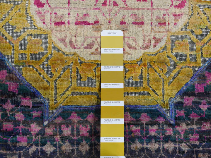 3'1" x 19'3" New Hand Knotted Yellow Wool & Sari Silk Runner Oriental Rug - MOA10287625