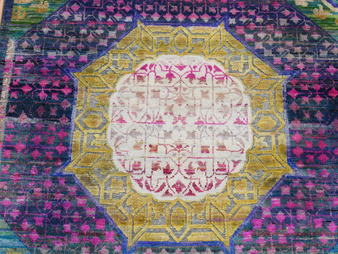 3'1" x 19'3" New Hand Knotted Yellow Wool & Sari Silk Runner Oriental Rug - MOA10287625