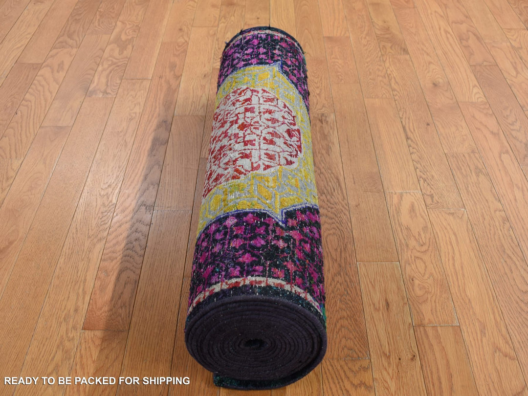 3'1" x 19'3" New Hand Knotted Yellow Wool & Sari Silk Runner Oriental Rug - MOA10287625