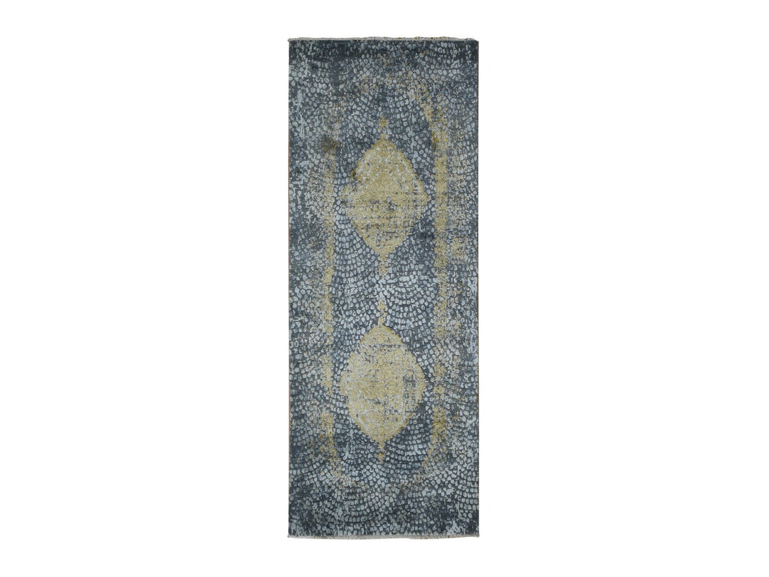 3'0" x 8'0" New Hand Knotted Grey Wool & Pure Silk Runner Oriental Rug - MOA10287627