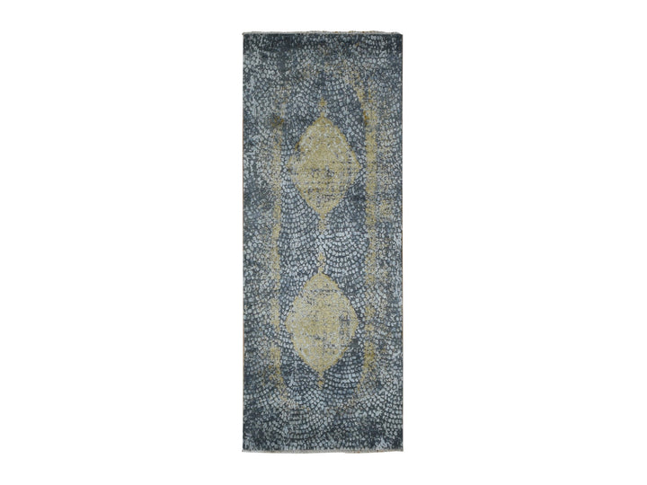 3'0" x 8'0" New Hand Knotted Grey Wool & Pure Silk Runner Oriental Rug - MOA10287627