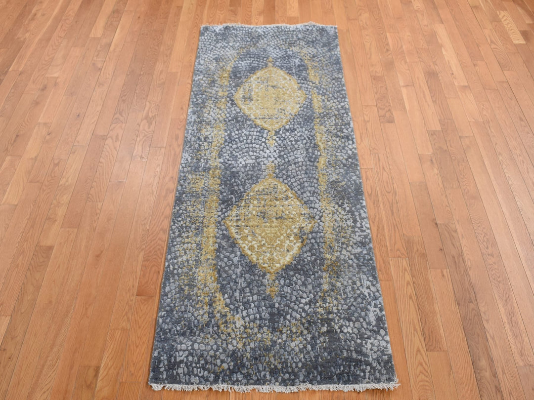 3'0" x 8'0" New Hand Knotted Grey Wool & Pure Silk Runner Oriental Rug - MOA10287627