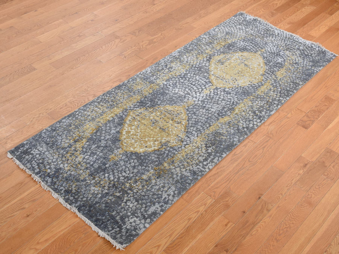 3'0" x 8'0" New Hand Knotted Grey Wool & Pure Silk Runner Oriental Rug - MOA10287627