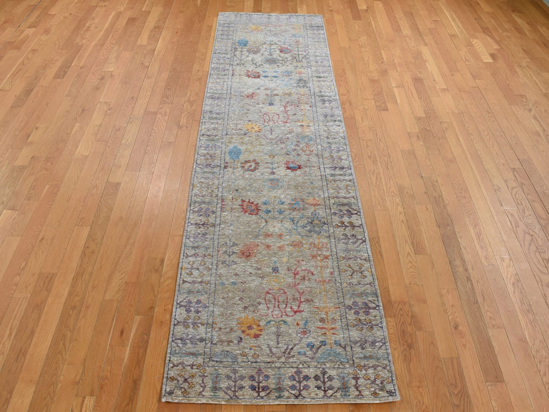 3'1" x 12'0" New Hand Knotted Brown Wool & Silk Runner Oriental Rug - MOA10287629