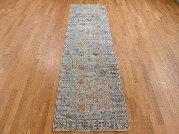 3'1" x 12'0" New Hand Knotted Brown Wool & Silk Runner Oriental Rug - MOA10287629