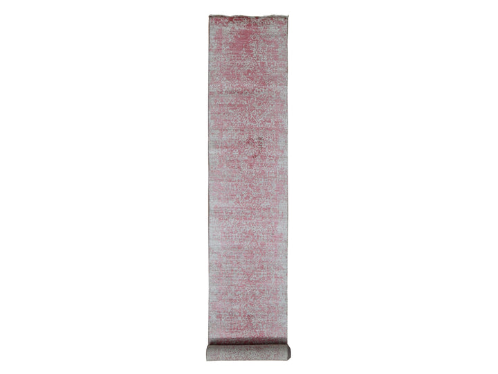 2'5" x 15'7" New Hand Knotted Pink Wool & Pure Silk Runner Oriental Rug - MOA10287631