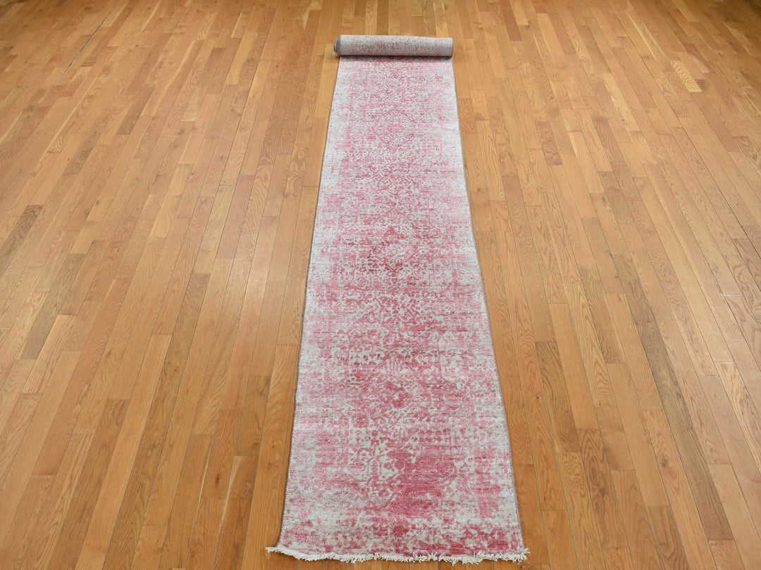 2'5" x 15'7" New Hand Knotted Pink Wool & Pure Silk Runner Oriental Rug - MOA10287631