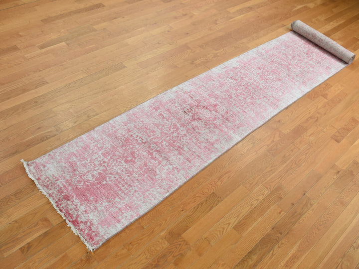 2'5" x 15'7" New Hand Knotted Pink Wool & Pure Silk Runner Oriental Rug - MOA10287631