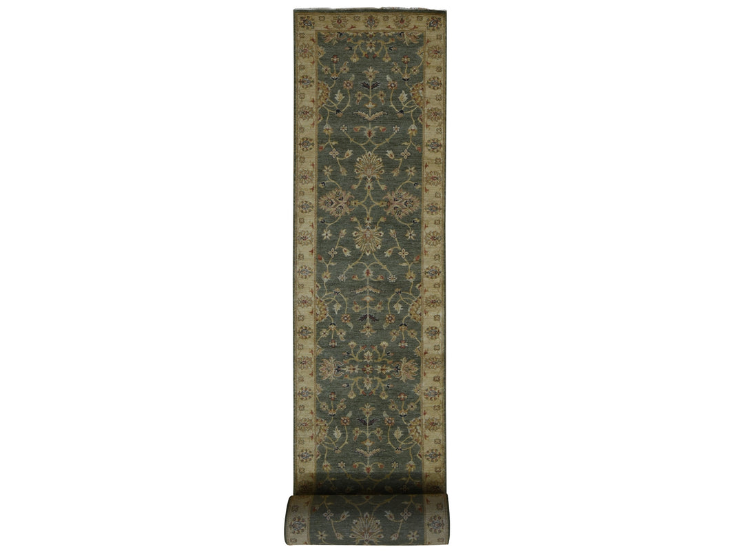 3'6" x 32'2" New Hand Knotted Green Wool Runner Oriental Rug - MOA10287634
