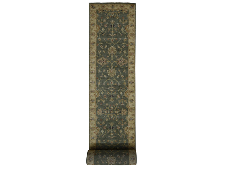 3'6" x 32'2" New Hand Knotted Green Wool Runner Oriental Rug - MOA10287634