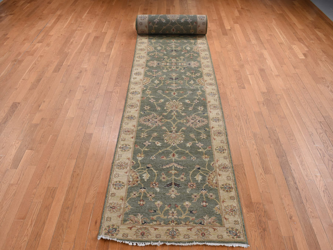 3'6" x 32'2" New Hand Knotted Green Wool Runner Oriental Rug - MOA10287634