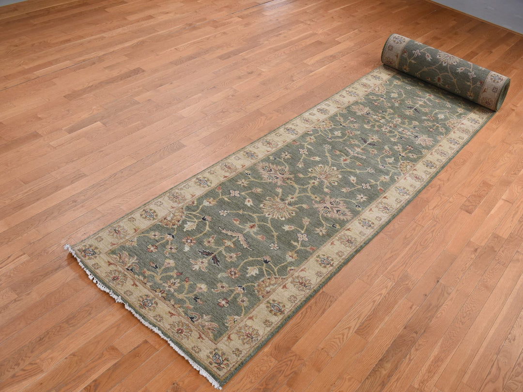 3'6" x 32'2" New Hand Knotted Green Wool Runner Oriental Rug - MOA10287634