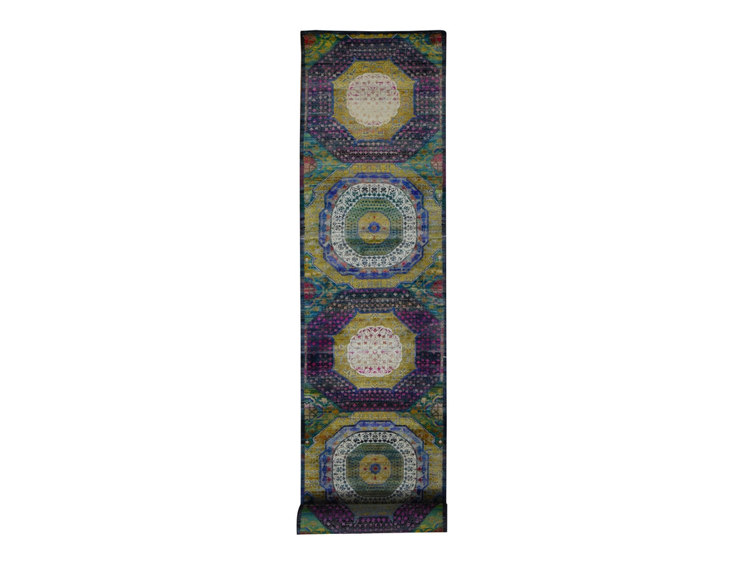 3'1" x 16'1" New Hand Knotted Purple Wool & Silk Runner Oriental Rug - MOA10287638