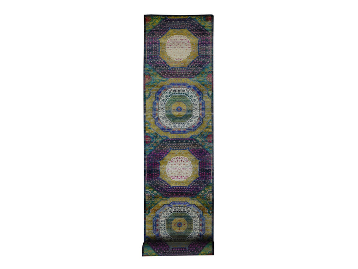 3'1" x 16'1" New Hand Knotted Purple Wool & Silk Runner Oriental Rug - MOA10287638