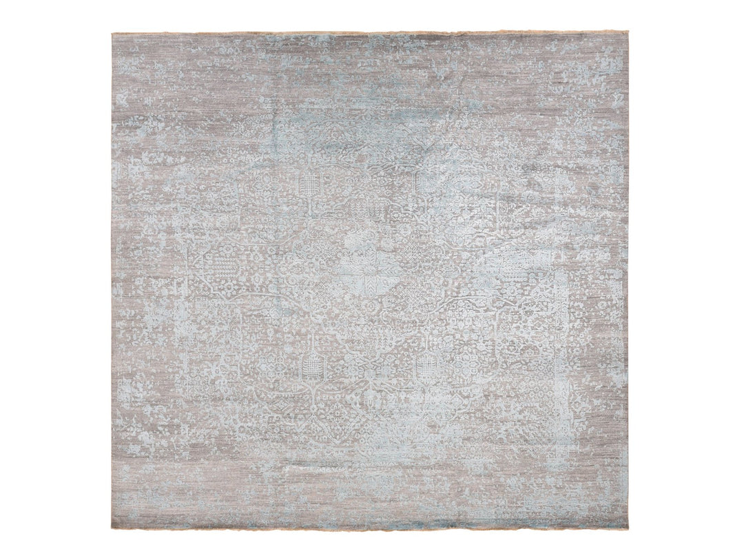 11'8" x 11'8" New Hand Knotted Green Wool & Silk Square Oriental Rug - MOA10287643