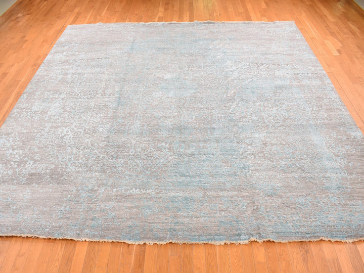 11'8" x 11'8" New Hand Knotted Green Wool & Silk Square Oriental Rug - MOA10287643