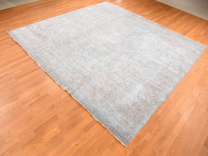 11'8" x 11'8" New Hand Knotted Green Wool & Silk Square Oriental Rug - MOA10287643