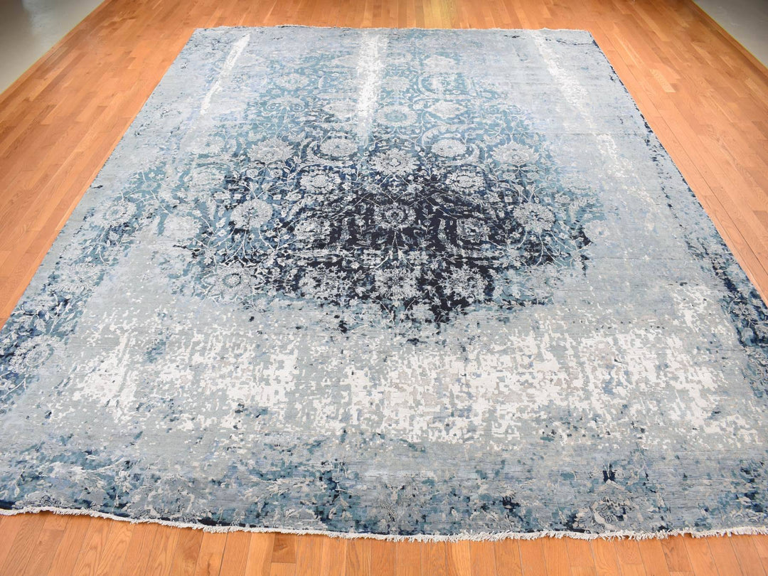 12'0" x 15'1" New Hand Knotted Blue Wool & Silk Rectangle Oriental Rug - MOA10287646