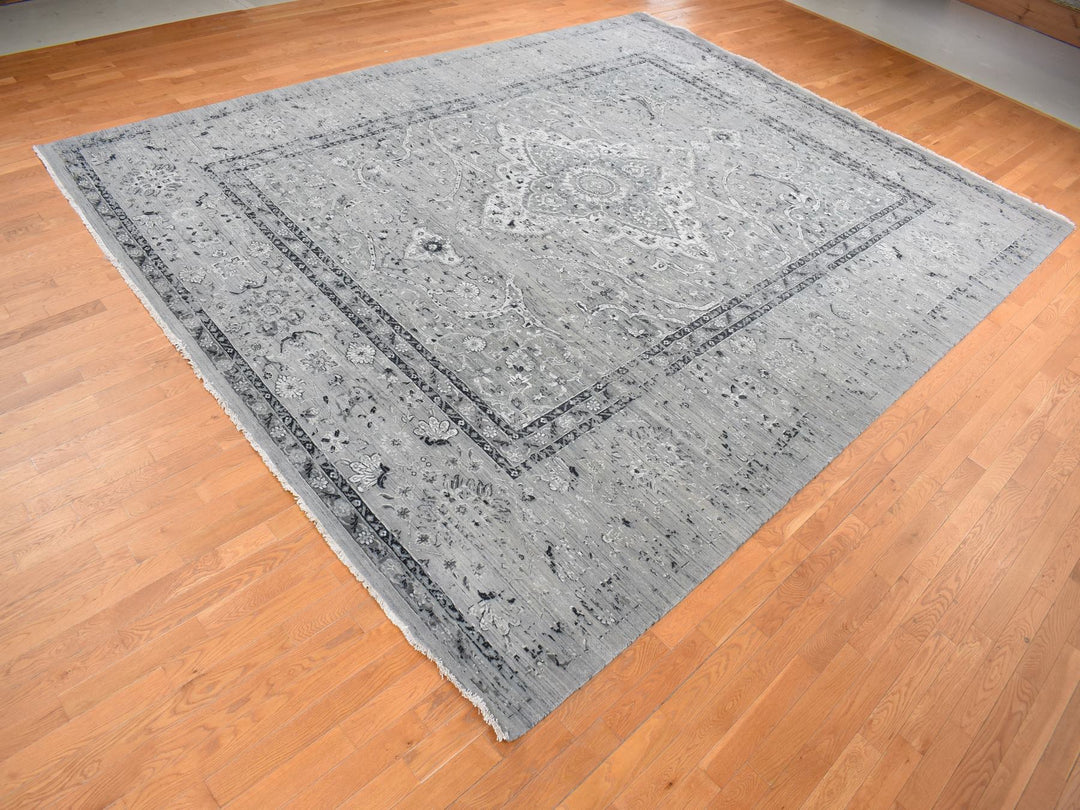 12'0" x 15'5" New Hand Knotted Grey Wool & Silk Rectangle Oriental Rug - MOA10287648