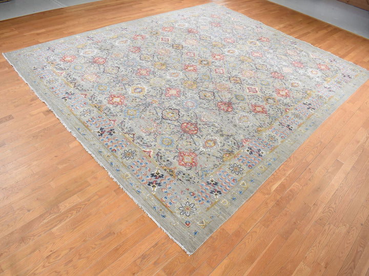 12'0" x 15'1" New Hand Knotted Grey Wool & Pure Silk Rectangle Oriental Rug - MOA10287650
