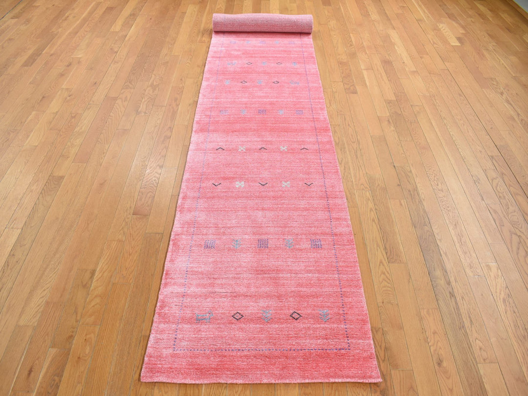 2'8" x 13'6" New Hand Knotted Pink Wool & Silk Runner Oriental Rug - MOA10287659