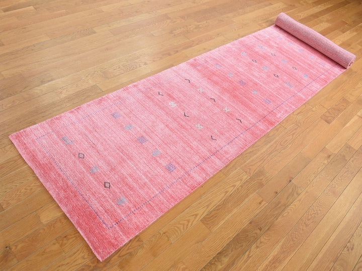 2'8" x 13'6" New Hand Knotted Pink Wool & Silk Runner Oriental Rug - MOA10287659