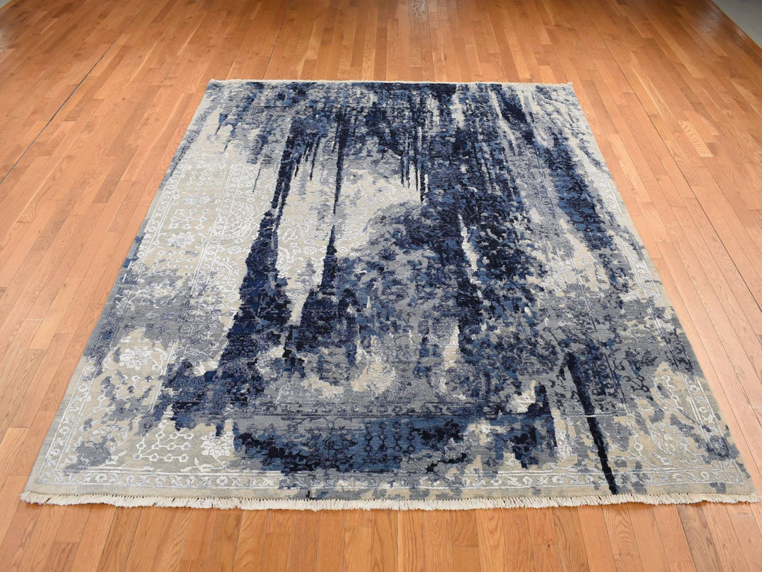 9'9" x 10'0" New Hand Knotted Blue Wool & Silk Square Oriental Rug - MOA10287668