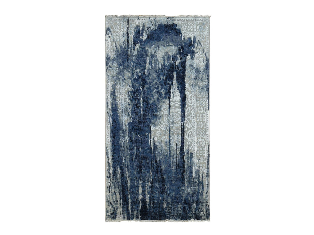 4'0" x 8'0" New Hand Knotted Blue Wool & Silk Runner Oriental Rug - MOA10287677