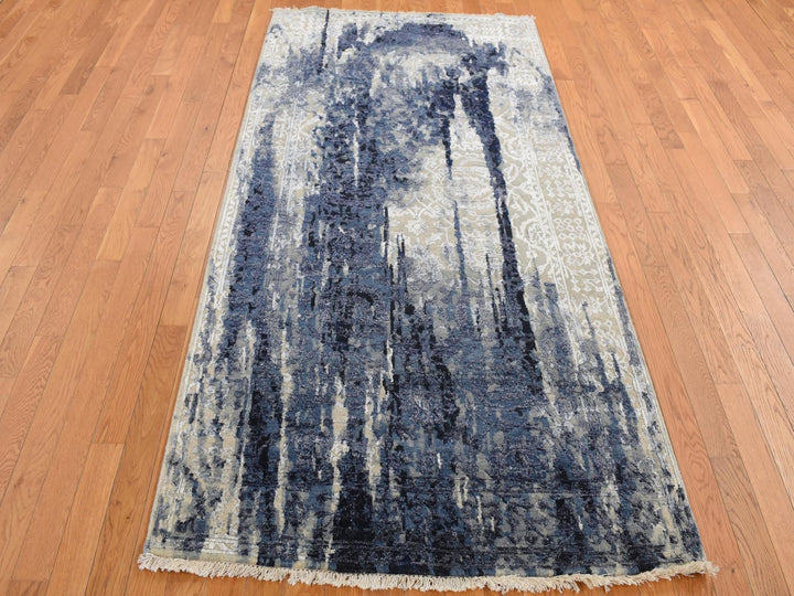 4'0" x 8'0" New Hand Knotted Blue Wool & Silk Runner Oriental Rug - MOA10287677