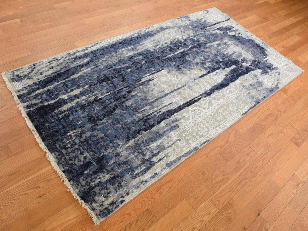 4'0" x 8'0" New Hand Knotted Blue Wool & Silk Runner Oriental Rug - MOA10287677
