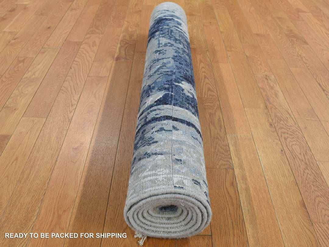 4'0" x 8'0" New Hand Knotted Blue Wool & Silk Runner Oriental Rug - MOA10287677