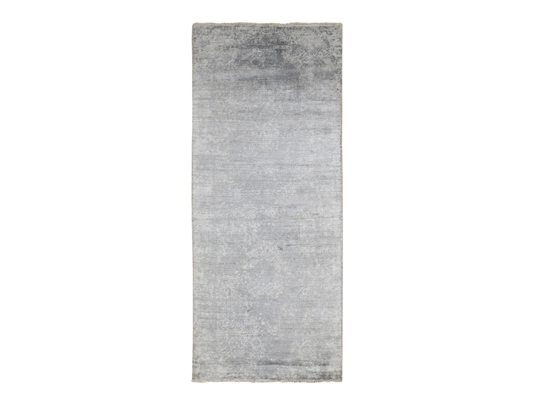 4'0" x 9'8" New Hand Knotted Grey Wool & Silk Runner Oriental Rug - MOA10287679