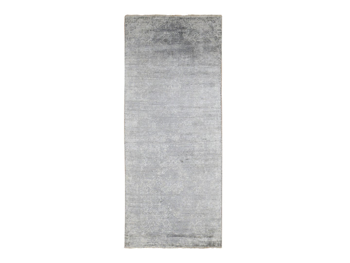 4'0" x 9'8" New Hand Knotted Grey Wool & Silk Runner Oriental Rug - MOA10287679