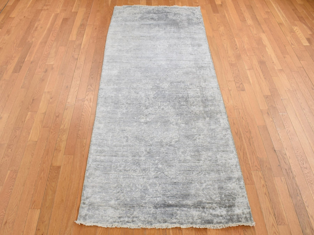 4'0" x 9'8" New Hand Knotted Grey Wool & Silk Runner Oriental Rug - MOA10287679