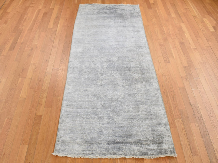 4'0" x 9'8" New Hand Knotted Grey Wool & Silk Runner Oriental Rug - MOA10287679