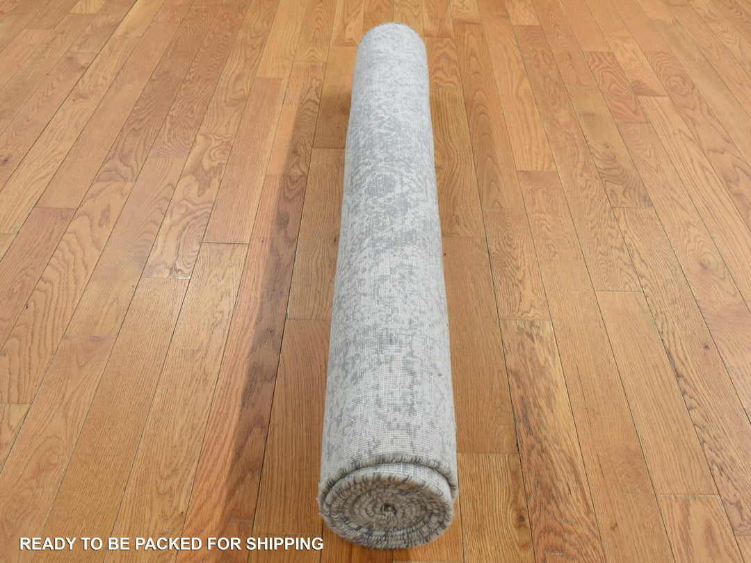 4'0" x 9'8" New Hand Knotted Grey Wool & Silk Runner Oriental Rug - MOA10287679